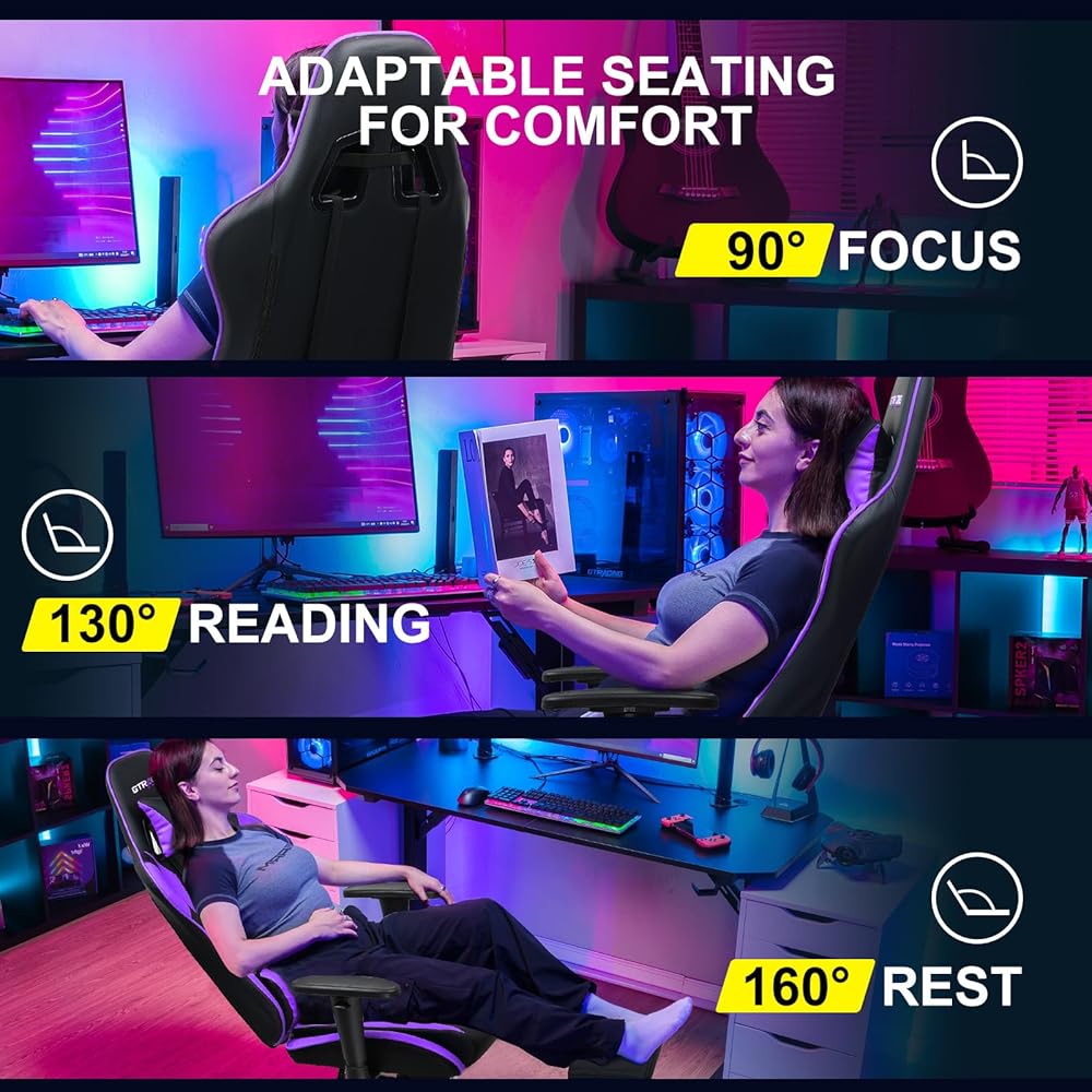 GTRACING Gaming Chair with Footrest, Ergonomic Computer Game Desk Chair, Reclining Gamer Chair Seat Height Adjustment, Swivel Rocker with Headrest and Lumbar, Purple : Home & Kitchen