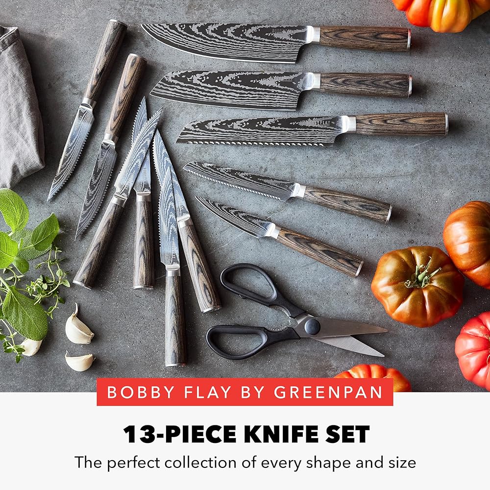 GreenPan x Bobby Flay 13 Piece Stainless Steel Cutlery Kitchen Knife Block Set, Premium Stainless Steel Blades, Acacia Wood Knife Block, Hand Finished Ergonomic Wood Handle, Damascus Steel Design: Home & Kitchen