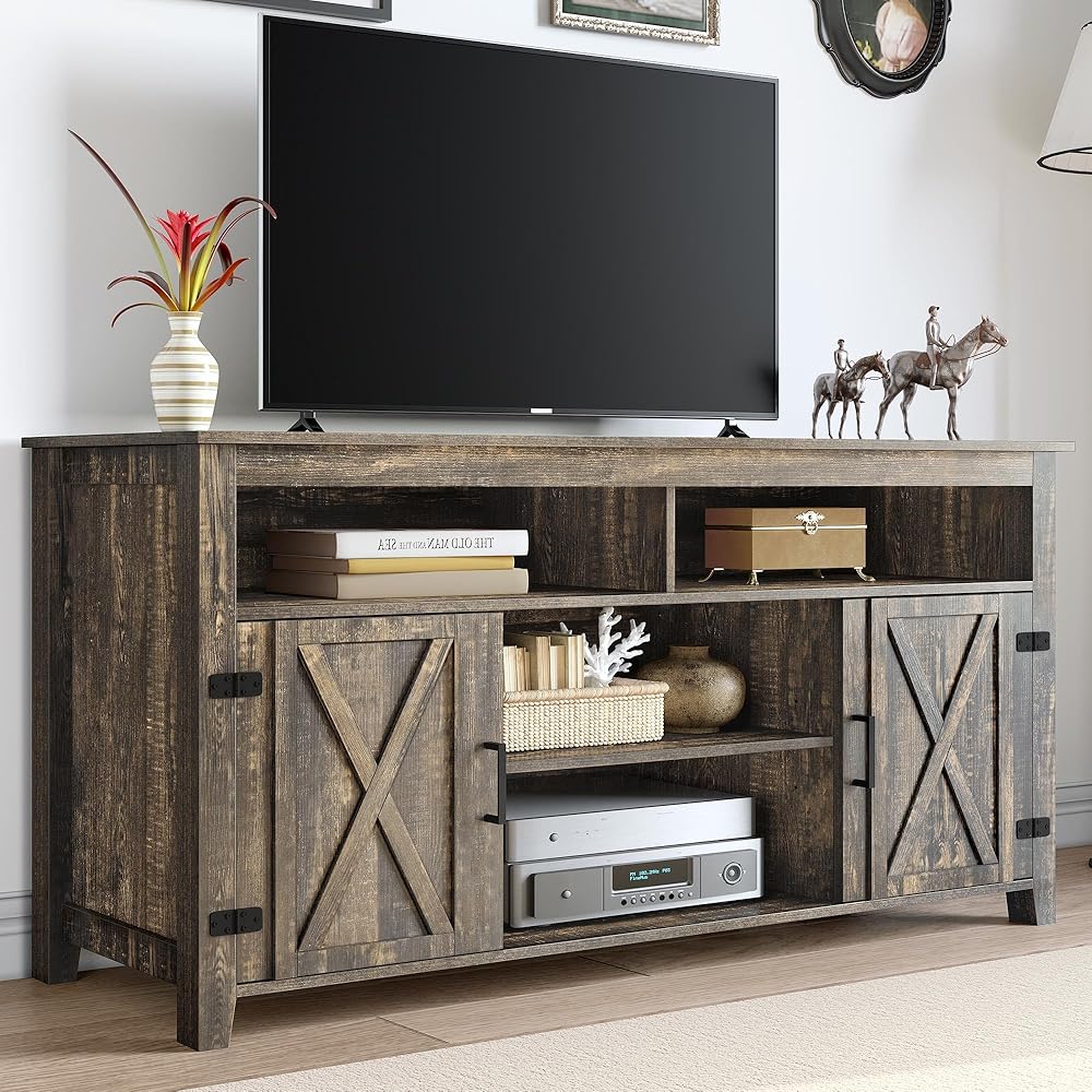 DWVO TV Stands for Living Room, Farmhouse Entertainment Center for 65 Inch TV, Rustic TV Console with Storage and Barn Door, Console Table Media Television Stands, 59 Inches, Light Rustic Oak : Home & Kitchen