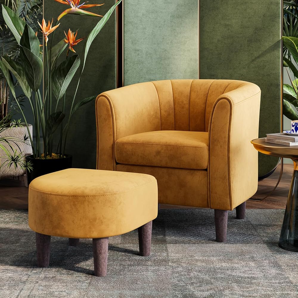 LINSY Accent Chair with Ottoman, Modern Barrel Chair Small Armchair Reading Chair with Footrest, Comfy Round Arms Chair for Living Room Bedroom Reading Room, Velvet, Yellow : Home & Kitchen