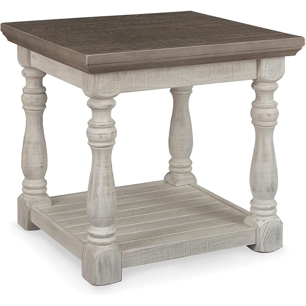 Signature Design by Ashley Havalance Farmhouse Square End Table with Floor Shelf, Vintage Gray & White with Weathered Finish : Home & Kitchen