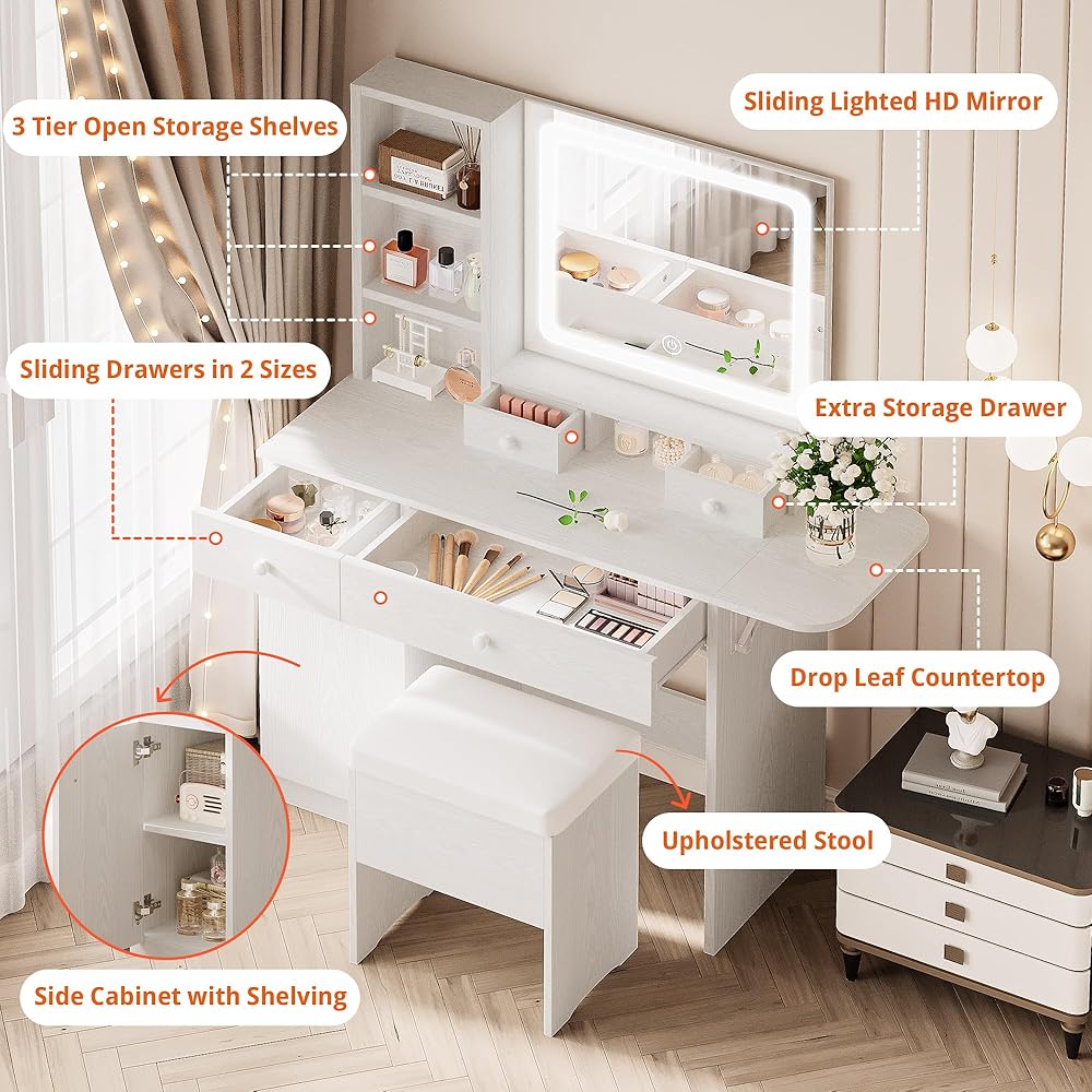 LIKIMIO Vanity Desk with Drawers & LED Lighted Mirror & Power Outlet & Cabinet, Storage Stool, Stylish Bedroom Makeup Table Set, White : Home & Kitchen