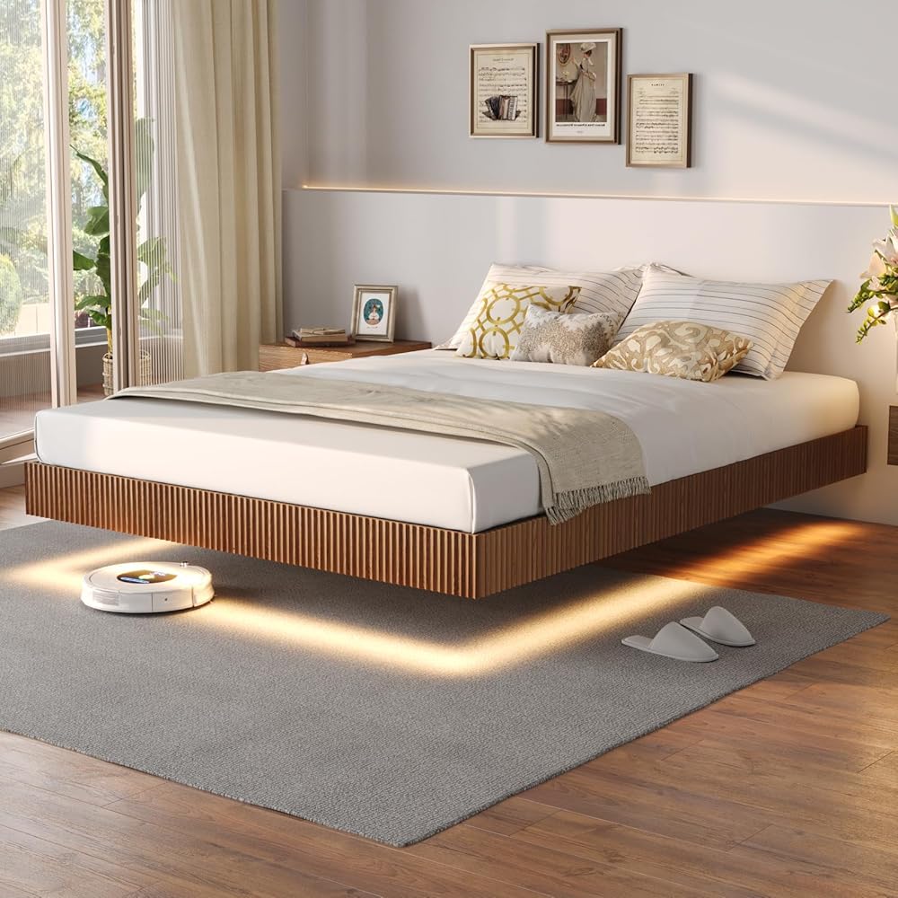 Tatub Walnut Queen Floating Bed Frame with LED Lights, Fluted Mid Century Modern Floating Platform Bed with Heavy Duty Metal Slats, No Box Spring Needed : Home & Kitchen