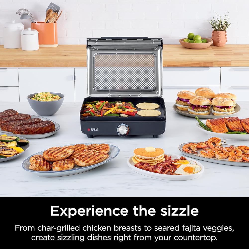 Ninja Griddle and Indoor Grill, 14’’, Electric Grill, For Steak, Burgers, Salmon, Veggies, and More, Pancake Griddle, Nonstick, Dishwasher Safe, 500F, Even Cooking, Silver, GR101: Home & Kitchen