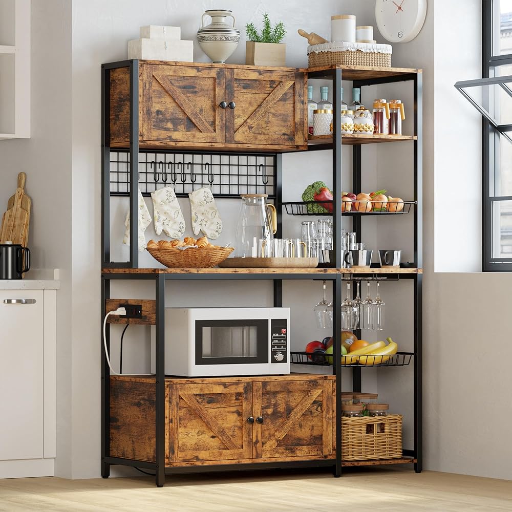- IRONCK Bakers Rack with 2 Storage Cabinets and Power Outlet, 45.3 Inch Industrial Coffee Bar Cabinet Shelves, Kitchen Microwave Stand with Storage, Vintage Brown - Standing Baker's Racks