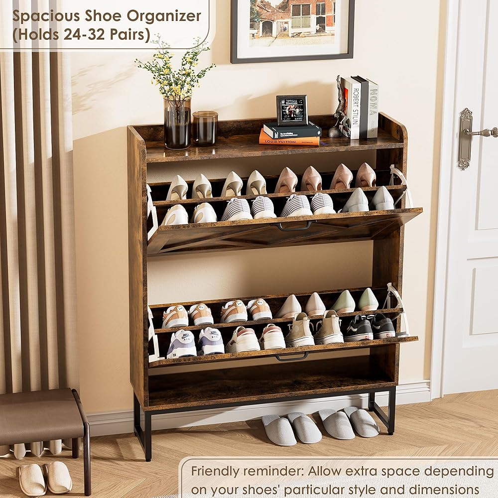 Nicetree Shoe Cabinet with 2 Flip Drawers, Freestanding Shoe Organizer with Metal Legs, Narrow Shoe Rack Cabinet, Farmhouse Slim Shoe Storage Cabinet for Entryway, Foyer, Hallway, Rustic Brown : Home & Kitchen