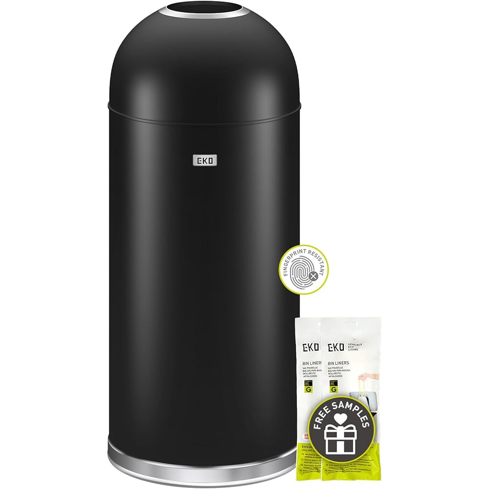 EKO Eternal 56L/15 Gallon Large Capacity Tall Commercial Trash Can, Round Open Top Waste Bin for Indoor and Outdoor, Black Steel Heavy-Duty, Durable Metal Garbage Bin for Home, Office, Restaurant