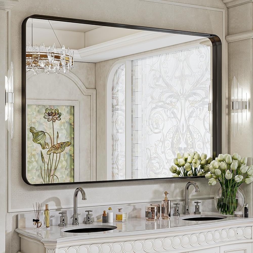 VooBang Bathroom Mirror 30x48 inch, Black Gorgeous Deep Frame Wall Mirror, Modern Round Corner Bathroom Vanity Mirror for Bedroom, Living Room, Hanging or Leaning Horizontal or Vertical, Black : Home & Kitchen
