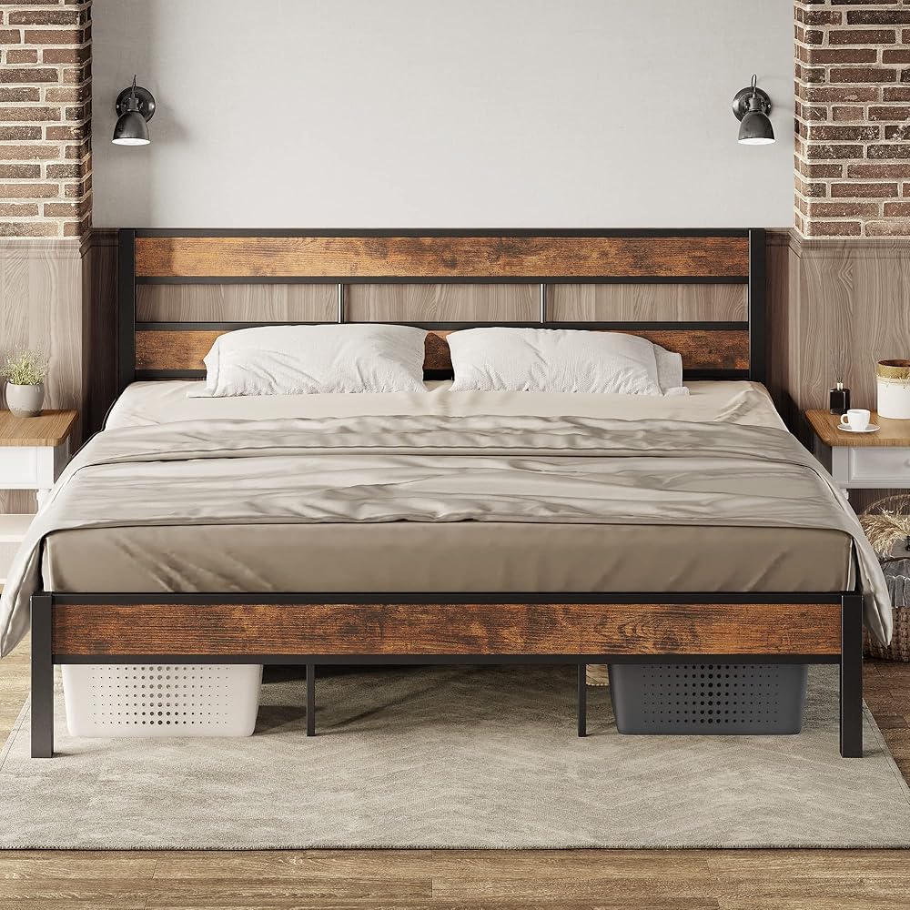 LIKIMIO King Bed Frame and Headboard, Easy Assembly, Noise-Free, No Box Spring Needed, Heavy Strong Metal Support Frames, Vintage Brown : Home & Kitchen