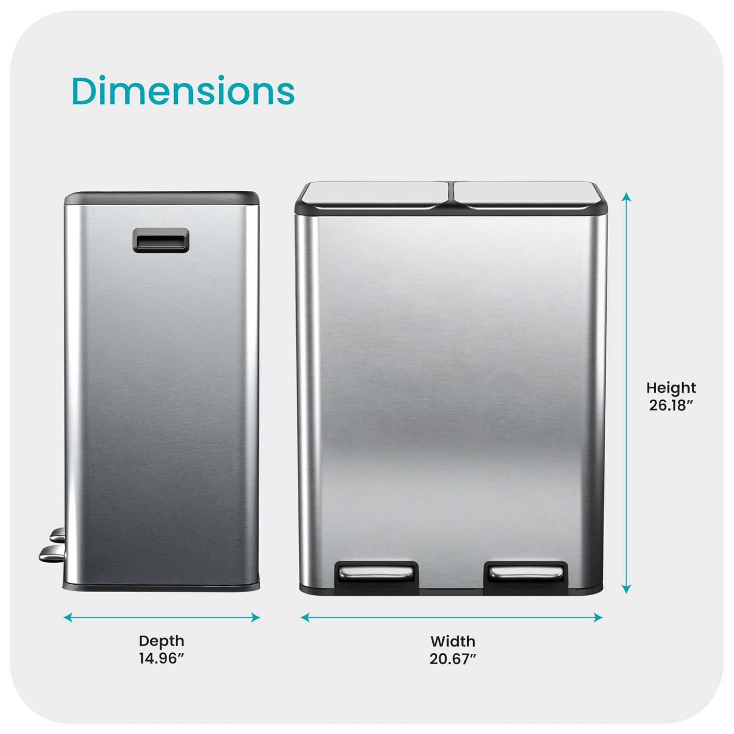 Home Zone Living 16 Gallon Kitchen Trash Can with Dual Compartments for Recycling, Stainless Steel, Silver, 60 Liters Total : Home & Kitchen