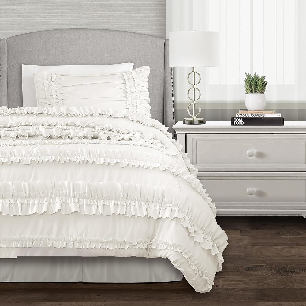 Lush Decor Belle 3 Piece Ruffled Vintage Chic White Comforter Set with Bed Skirt and Pillow Sham, Twin XL : Home & Kitchen
