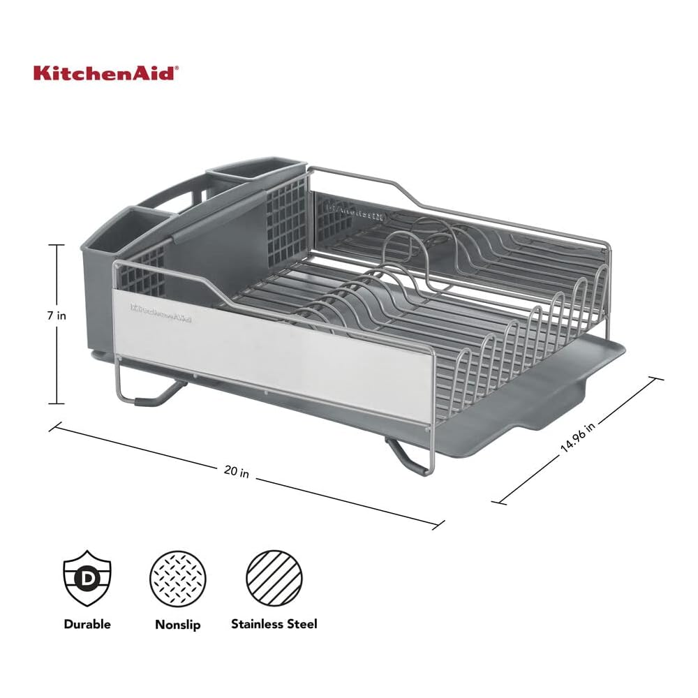 KitchenAid Large Capacity Full Size Rust Resistant Dish Rack with Angled Drain Board and Removable Flatware Caddy, Light Grey: Home & Kitchen