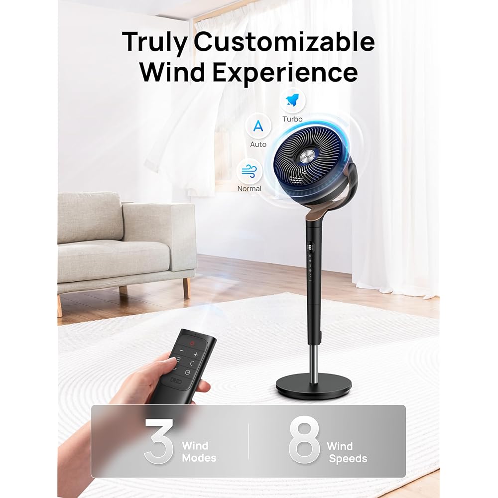 Dreo Standing Fan For Bedroom, 120°+120°Omni-directional Oscillating Fan, 85 ft Circulator With Remote, DC Motor Quiet Pedestal Room Fans, 8 Speeds, 3 Modes, 8H Timer, PolyFan 502 Black : Home & Kitchen