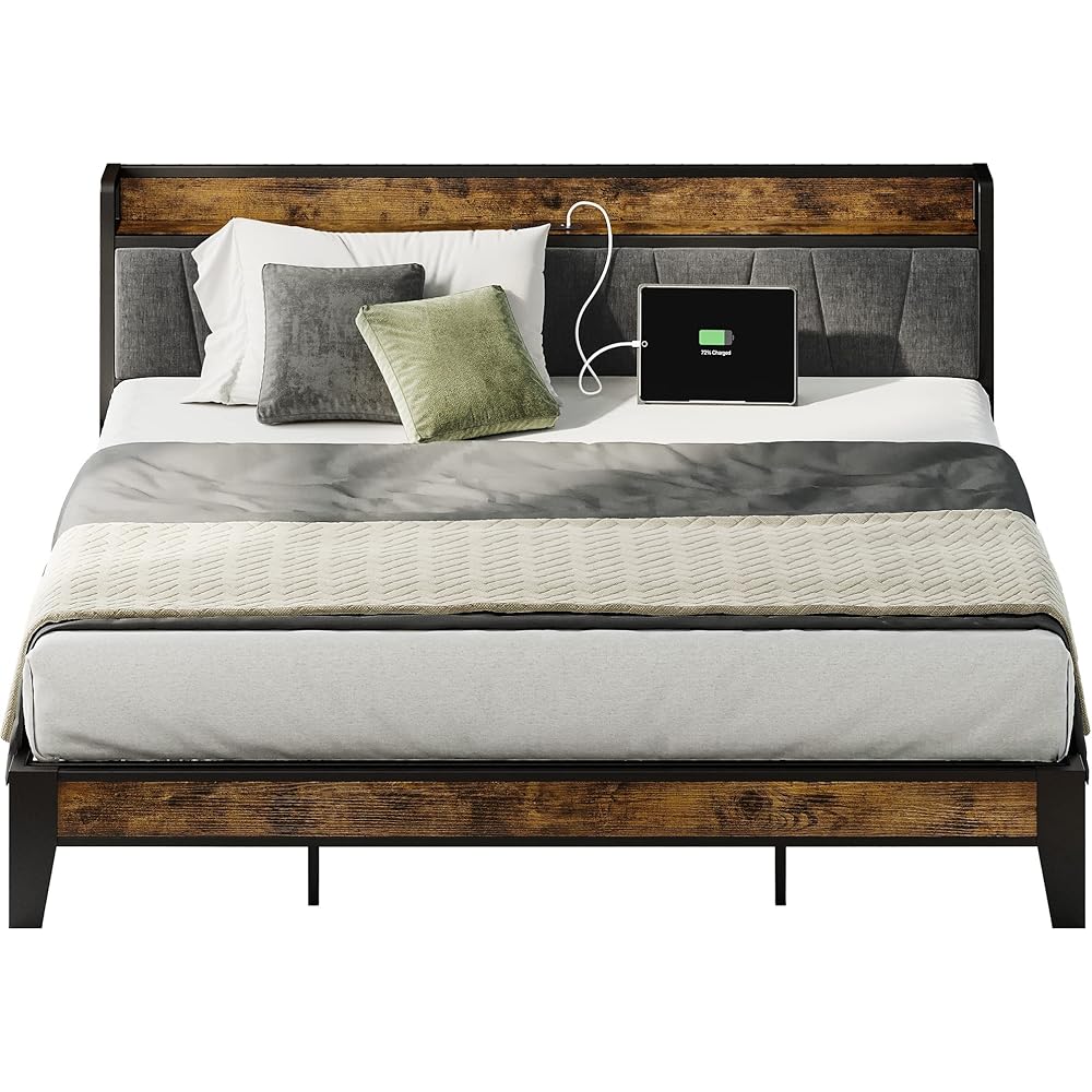 LIKIMIO King Size Bed Frame, Storage Headboard with Charging Station, Solid and Stable, Noise Free, No Box Spring Needed, Easy Assembly : Home & Kitchen