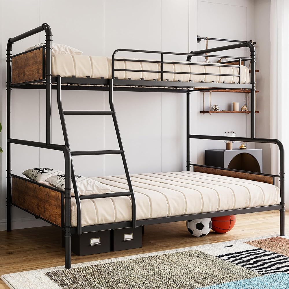 IDEALHOUSE Bunk Bed Twin Over Full Size with High Guardrail and Ladder,Twin Size Convertible Metal Bunk Beds for Kids/Teens/Adults,Easy Assembly, No Box Spring Needed,Vintage Brown : Home & Kitchen