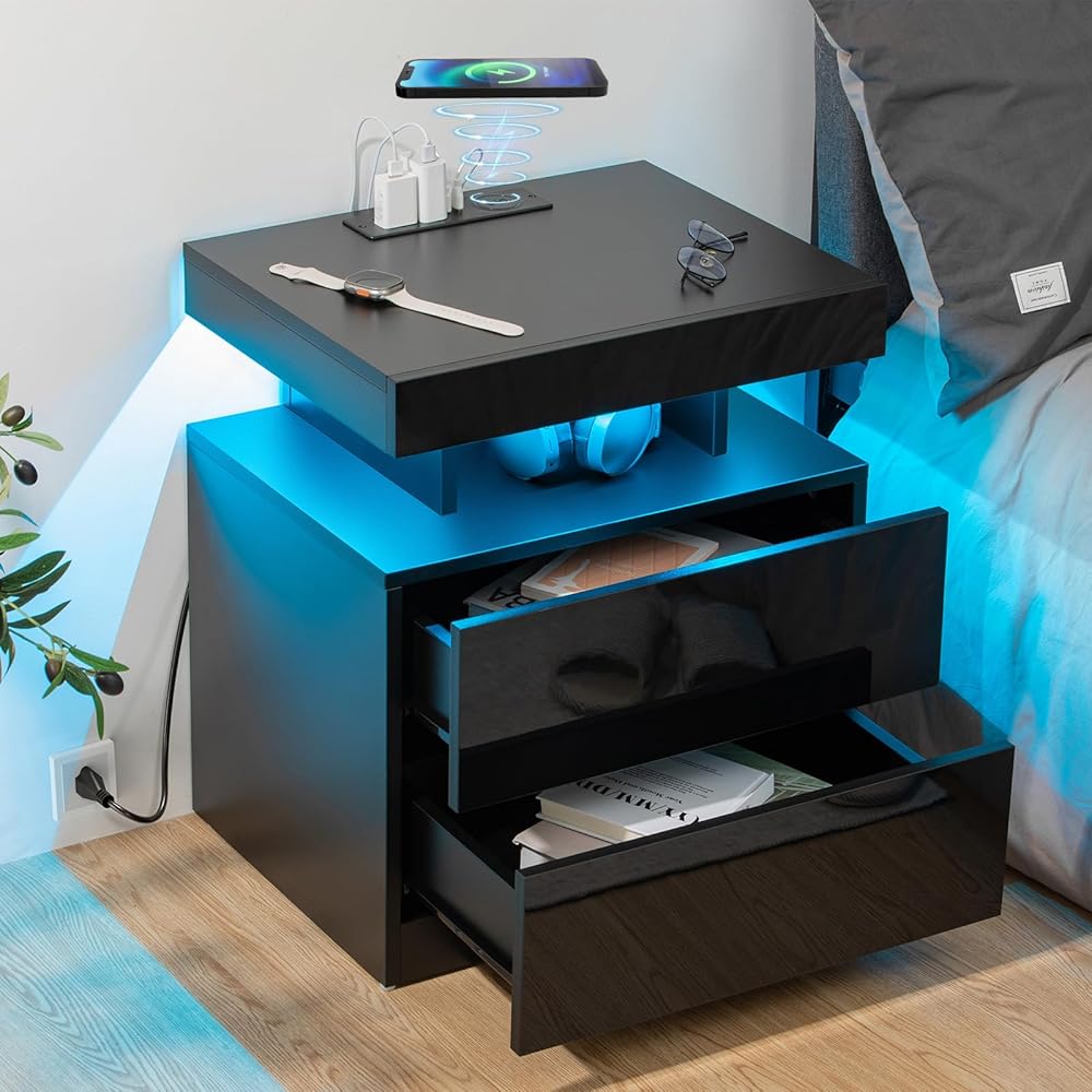 HOMMPA LED Nightstand with Wireless Charging Station & USB Ports High Gloss Bedside Table with LED Light RGB Adjustable Brightness Smart Nightstand 2 Drawers Night Stand for Bedroom Black : Home & Kitchen