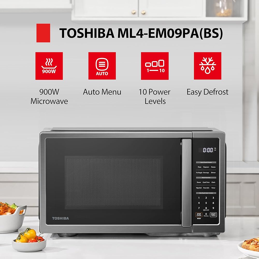 TOSHIBA ML4-EM09PA(BS) Small Countertop Microwave Oven with 6 Auto Menus, Mute Function, Child Lock, Kitchen Essentials for Dorm, 0.9 Cu Ft, 10.6 Inch Removable Turntable, 900W, Black Stainless Steel : Office Products