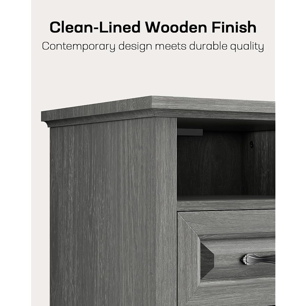 Marsail Farmhouse Nightstand with Charging Station, Bedside Table with 2 Drawers Storage and Open Shelf, Bedside Cabinet for Bedroom, Rustic Side Table, Gray