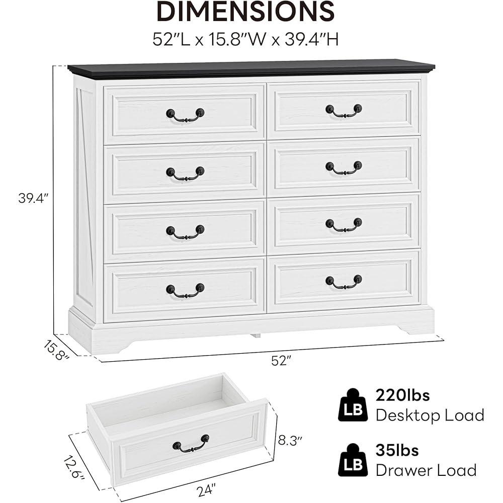 LIKIMIO Farmhouse 8 Drawer Dresser for Bedroom, 52