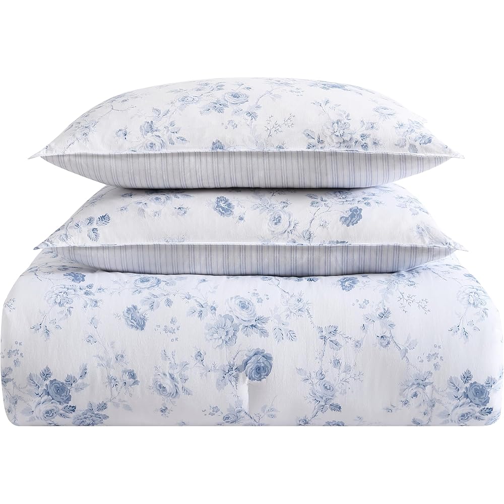 Laura Ashley- Queen Comforter Set, Reversible Cotton Bedding with Matching Sham(s), Farmhouse Home Décor (Belinda Blue, Queen) : Home & Kitchen