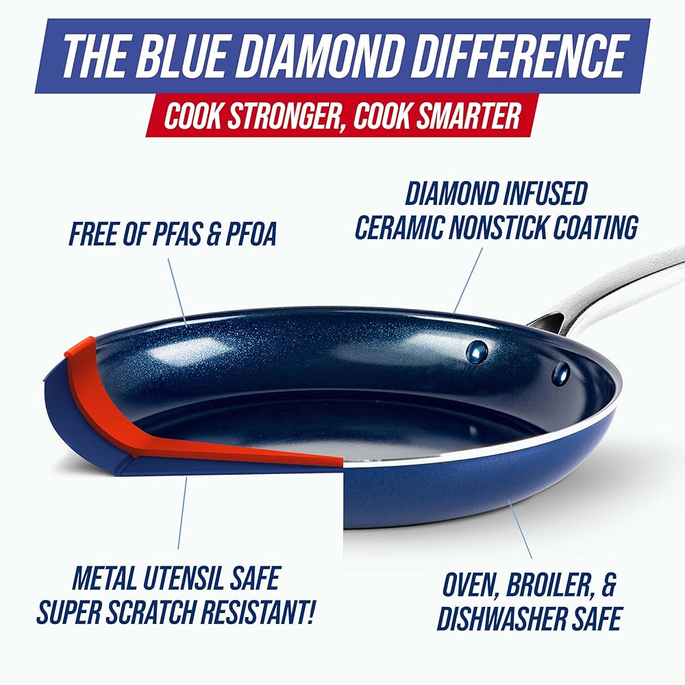 Blue Diamond 14 Piece Nonstick Cookware Set, Diamond Ceramic Pots & Pans, Dishwasher & Metal Utensil Safe, Non Toxic PFAS-Free, Kitchen Cooking Sauce & Saute Pans, Oven & Broiler to 600F, Blue: Home & Kitchen