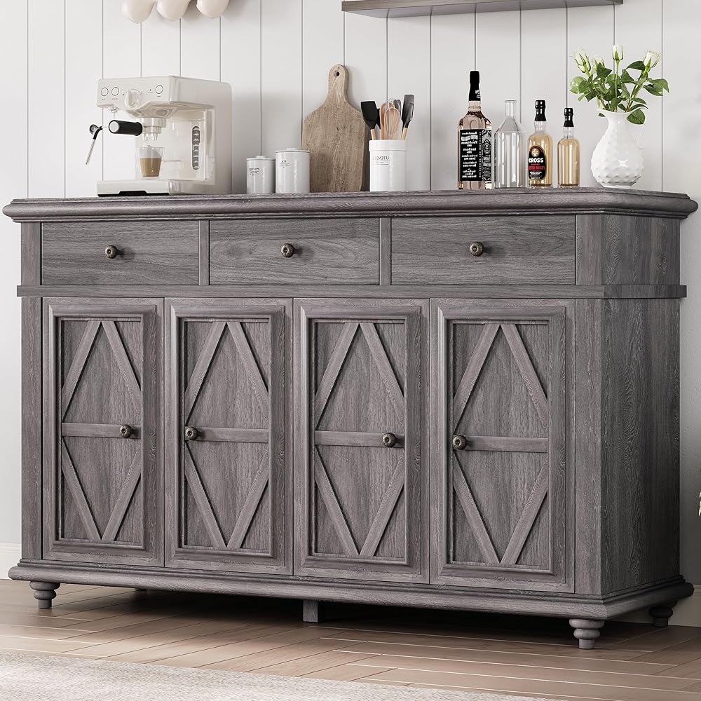 Farmhouse Buffet Cabinet with Storage, Sideboard Cabinet, Buffet Cabinet, Sideboard Buffet Cabinet with Storage, Large Wood Accent Storage Cabinet with Doors and Shelves for Entryway Living Room