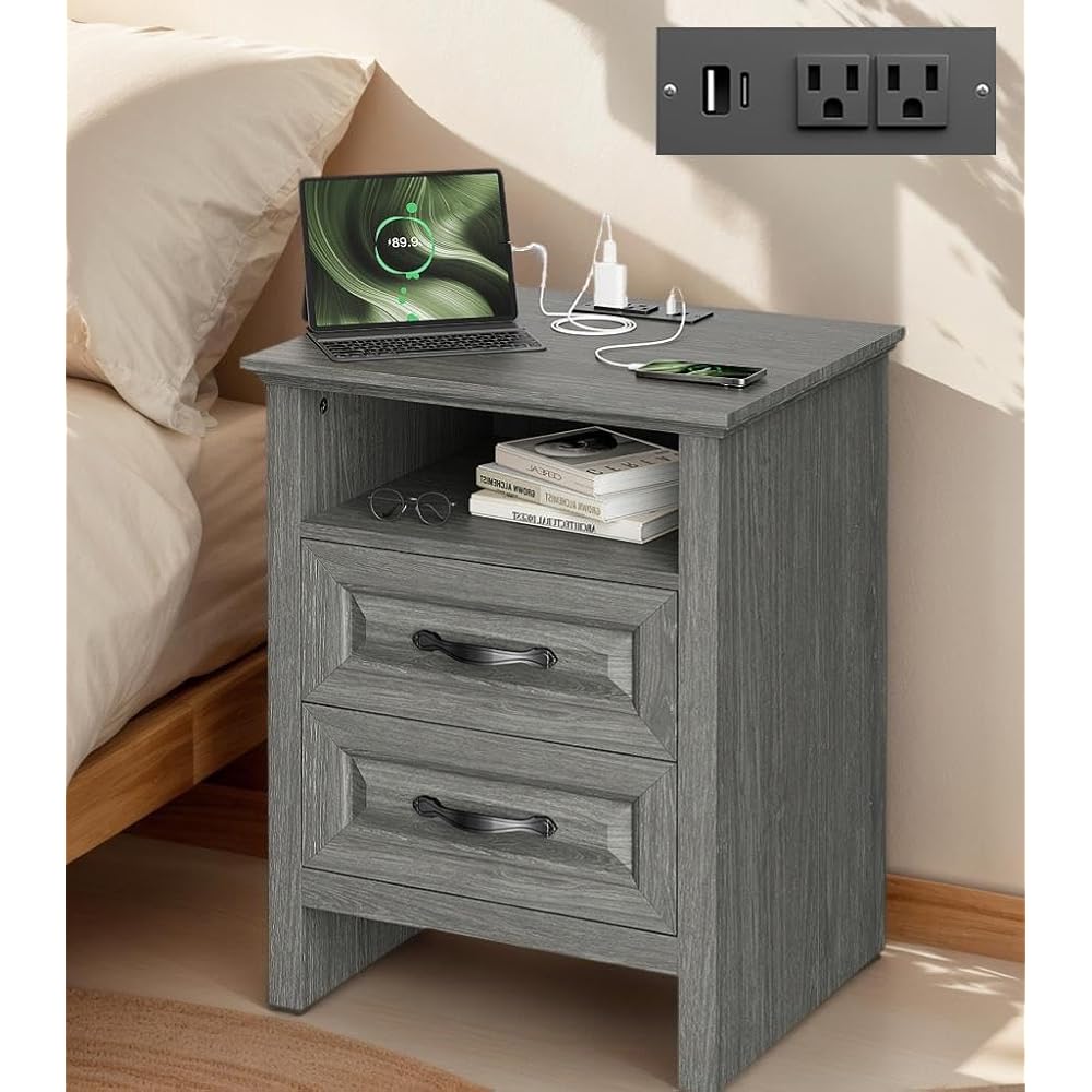 Marsail Farmhouse Nightstand with Charging Station, Bedside Table with 2 Drawers Storage and Open Shelf, Bedside Cabinet for Bedroom, Rustic Side Table, Gray