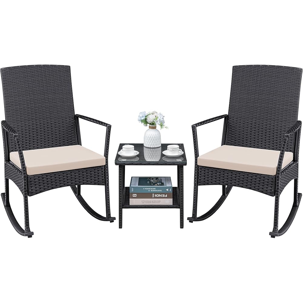 Greesum 3 Pieces Patio Furniture Set Outdoor Wicker Rocking Chairs with Glass Coffee Table for Garden Backyard Porch Poolside, Beige : Patio, Lawn & Garden