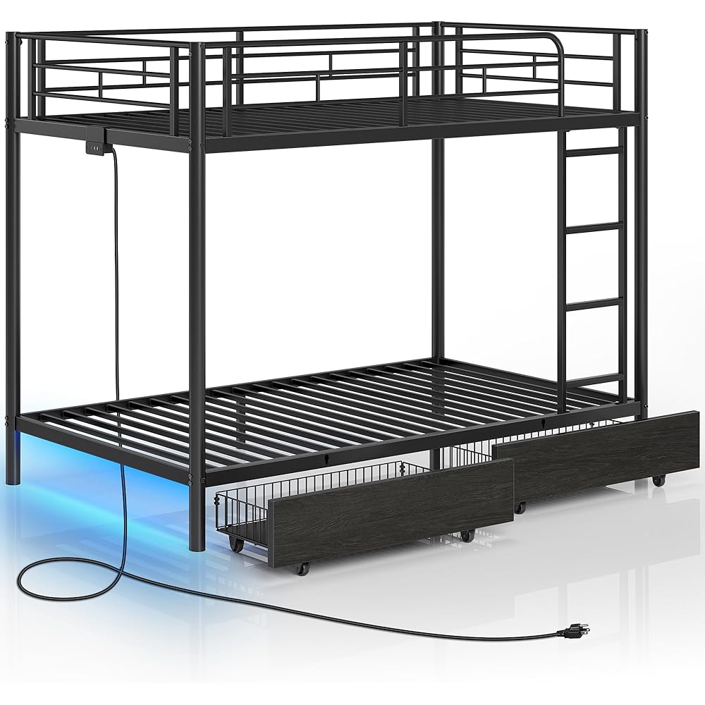 Rolanstar Metal Bunk Bed Twin Over Twin with USB Charging Station, LED Bunk Bed with 2 Storage Drawers, Bed with Safety Guardrail & Ladders, No Box Spring Needed, Easy Assembly, Black : Home & Kitchen