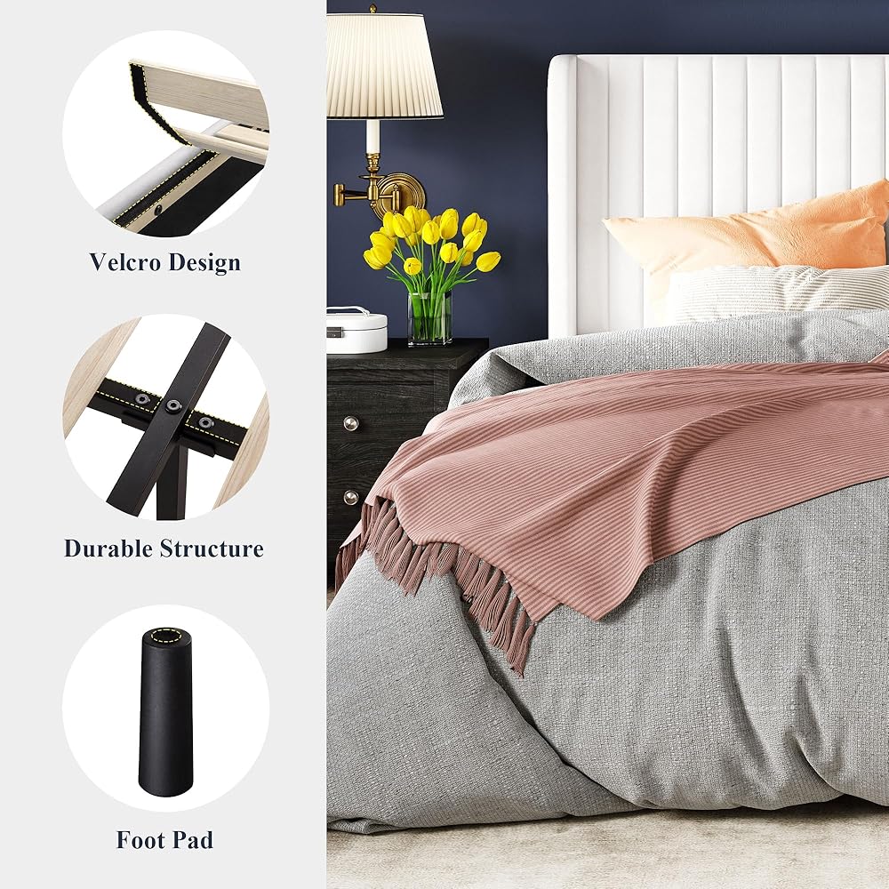Allewie Full Size Velvet Bed Frame/Vertical Channel Tufted Wingback Headboard/Upholstered Platform Bed/Strong Wooden Slats/No Box Spring Needed/Easy Assembly/White : Home & Kitchen