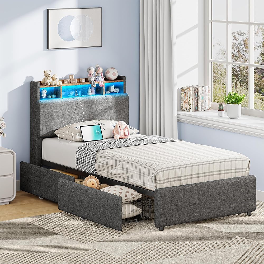 LIKIMIO Twin Bed Frame with 2 Storage Drawers, Charging Station & LED Lights, Upholstered Platform Twin Bed with Storage Headboard, Strong Wooden Slats, No Box Spring Needed, Easy Assembly, Grey : Home & Kitchen