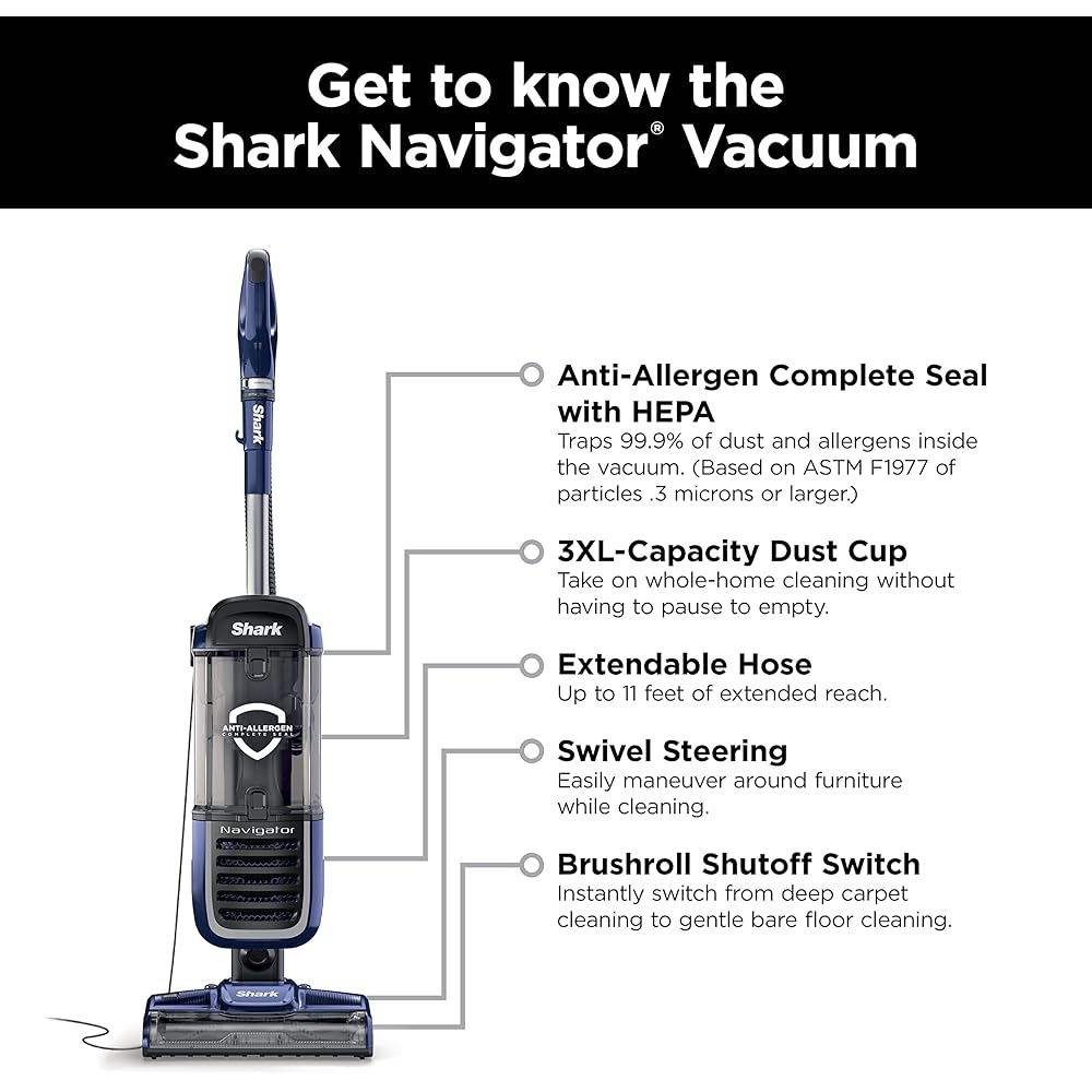 Shark NV151 Navigator Swivel Pro Complete Upright Vacuum with HEPA Filtration, Swivel Steering, Pet Power Brush, Crevice Tool & Upholstery Tool, for Pet Hair & Multi-Surface Cleaning, Navy : Home & Kitchen