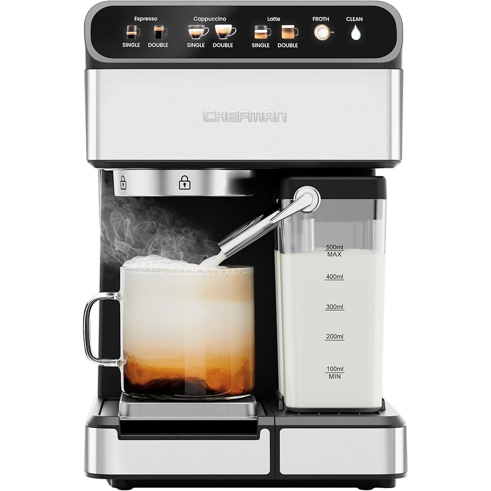 Chefman CaféMaster Pro Espresso Machine, Brew Single or Double Shots, Coffee Maker with Built-In Milk Frother for Cappuccino & Latte, XL 1.8 Liter Removable Water Reservoir - Stainless Steel: Home & Kitchen