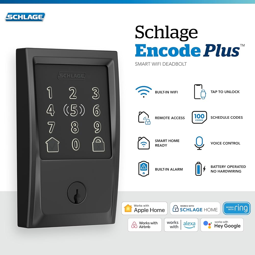 Schlage Encode Plus Smart Wi-Fi Lock for Front Door, Keyless Entry Deadbolt, Unlock with Apple Watch, Built-in WiFi and App Control, Easy Install, Alexa & Apple HomeKit Compatible, Matte Black -