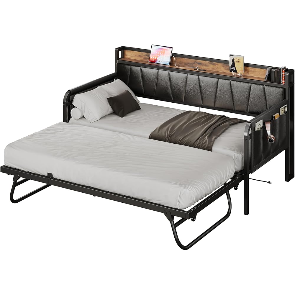 LIKIMIO Daybed with Trundle Bed, Twin Bed Frame with Storage Headboard and Charging Station, Sofa Day Bed with Strong Supports for Living Room, Bedroom, and Guest Room, Black : Home & Kitchen