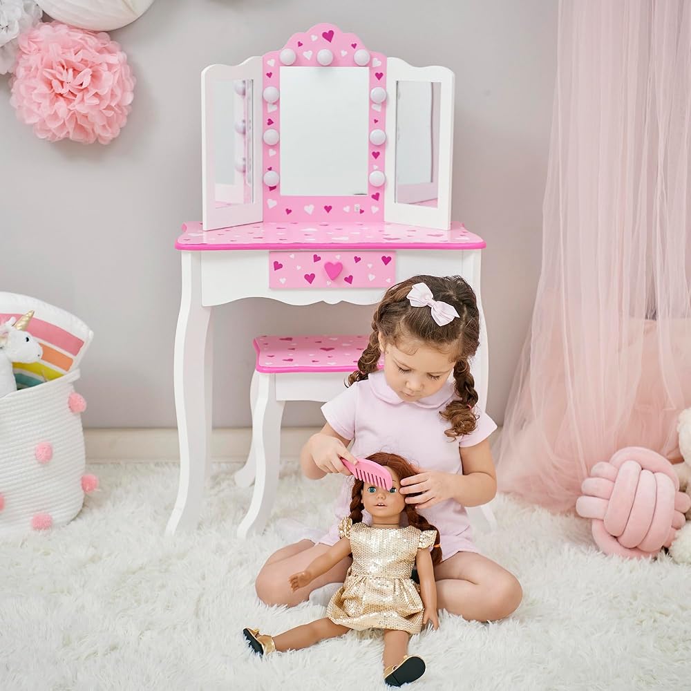 Teamson Kids Vanity Set for Girls with LED Lights, Tri-Fold Mirror, Stool & Drawer, Pretend Makeup Table for Toddlers, Heart Design, Wooden White Pink Princess Play Furniture, Ages 3+