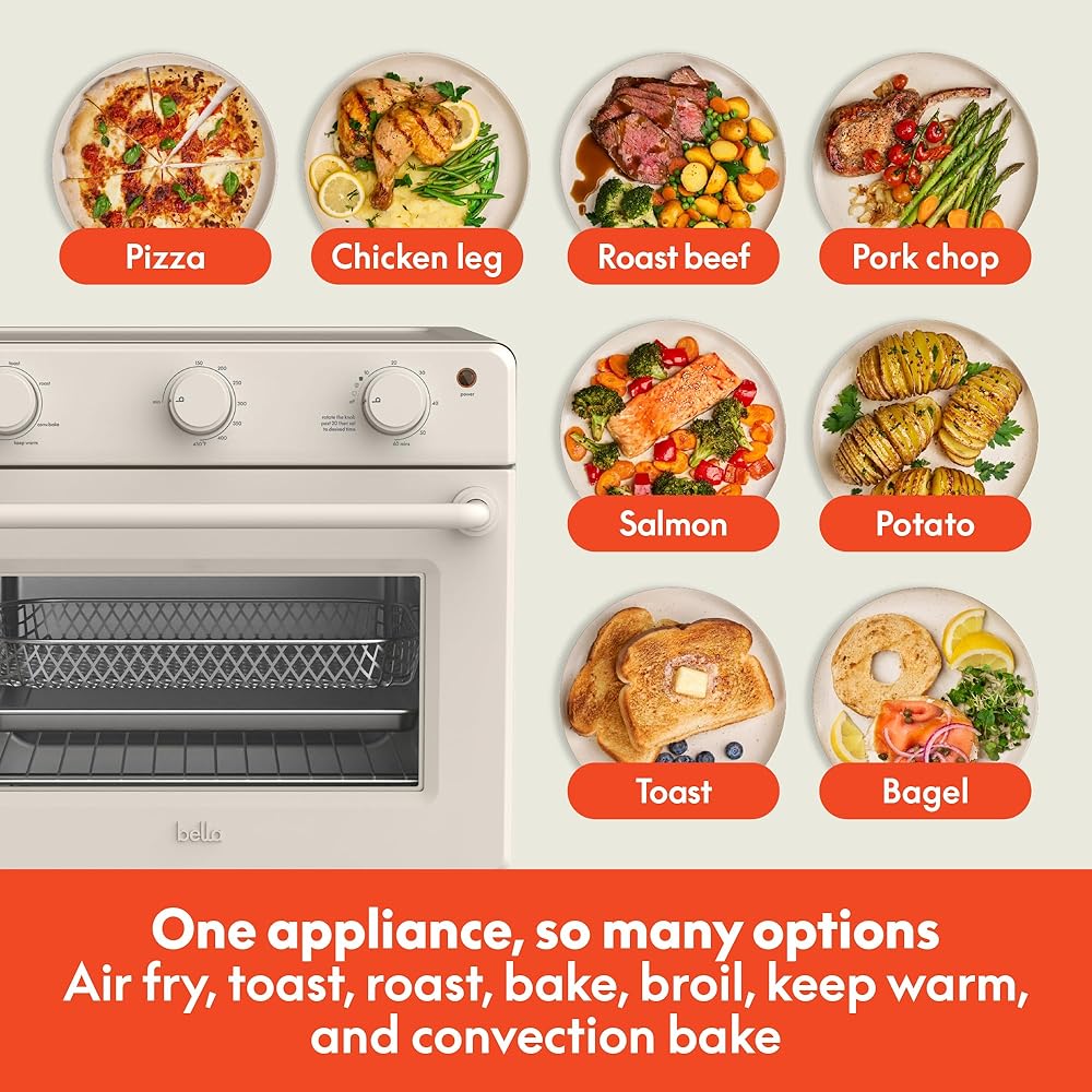 bella Air Fry Toaster Oven, 7 Preset Cooking Options, Dishwasher-Safe EverGood Coated Trays Included, 60-Minute Auto Shutoff w Audible Timer, Power Indicator Light, 1700 Watt, Oatmilk: Home & Kitchen