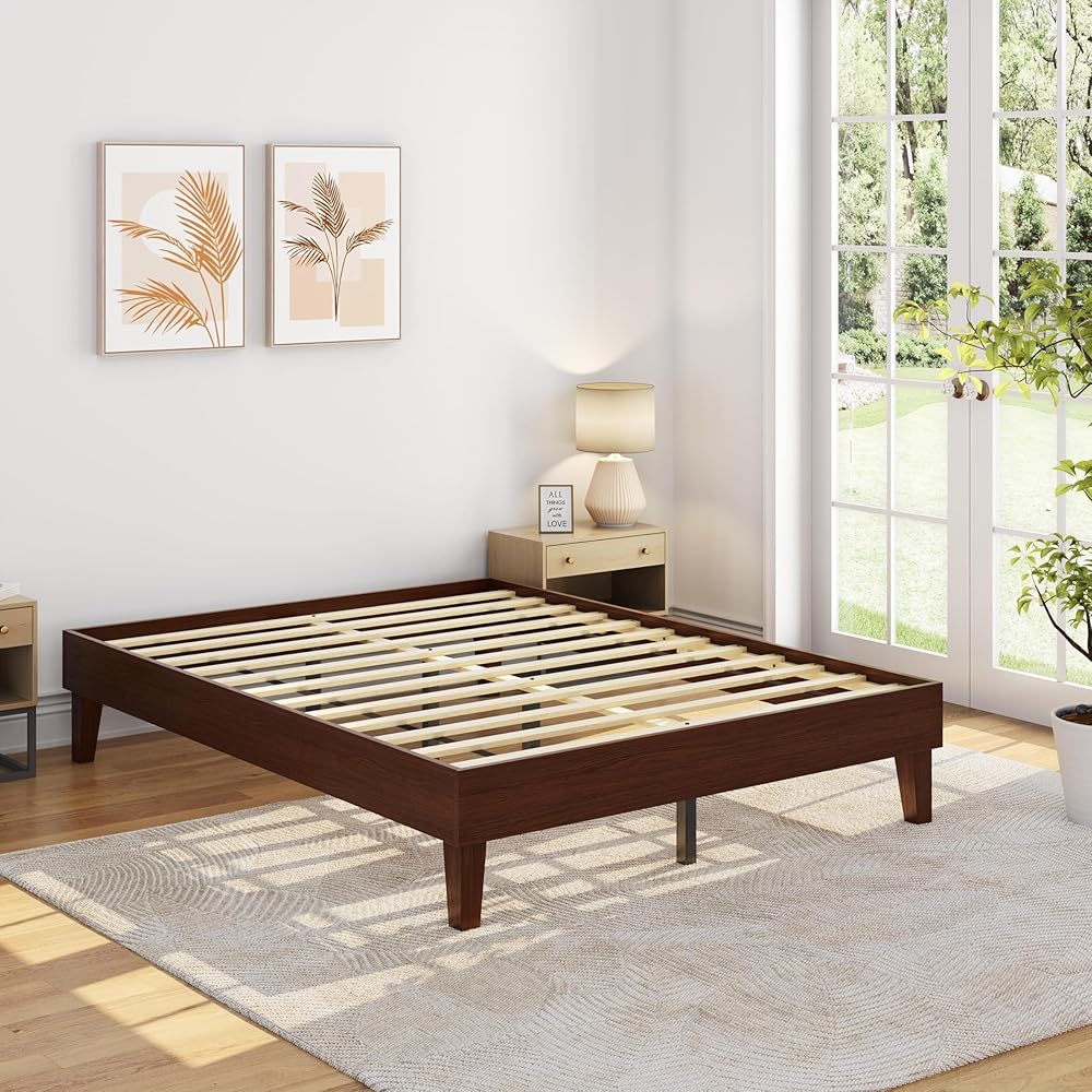 Yaheetech Queen Bed Frame Natural Solid Wood Platform Bed with Wooden Slats Support, 12-inch Underbed Space for Storage, Noise-Free Design, Easy Assembly, Dark Walnut Finish : Home & Kitchen
