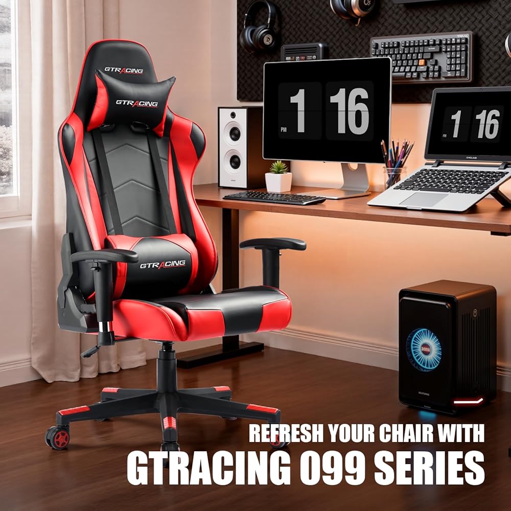GTRACING Gaming Chair Racing Office Computer Ergonomic Video Game Chair Backrest and Seat Height Adjustable Swivel Recliner with Headrest and Lumbar Pillow Esports Chair (Red) : Home & Kitchen