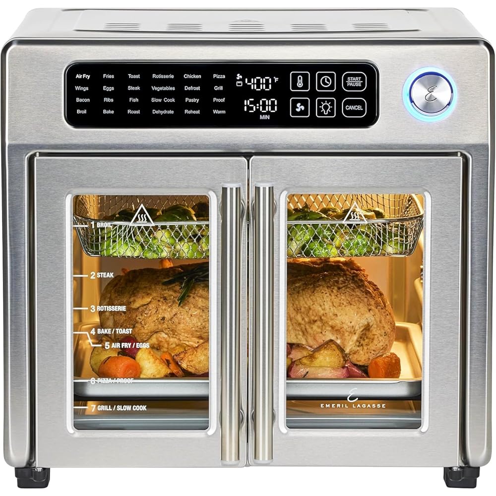 Emeril Lagasse Extra Large French Door Air Fryer Toaster Oven Combo, 24 Cooking Functions and Digital Controls, 7 Accessories Included, Stainless Steel Finish, 26QT Capacity : Home & Kitchen