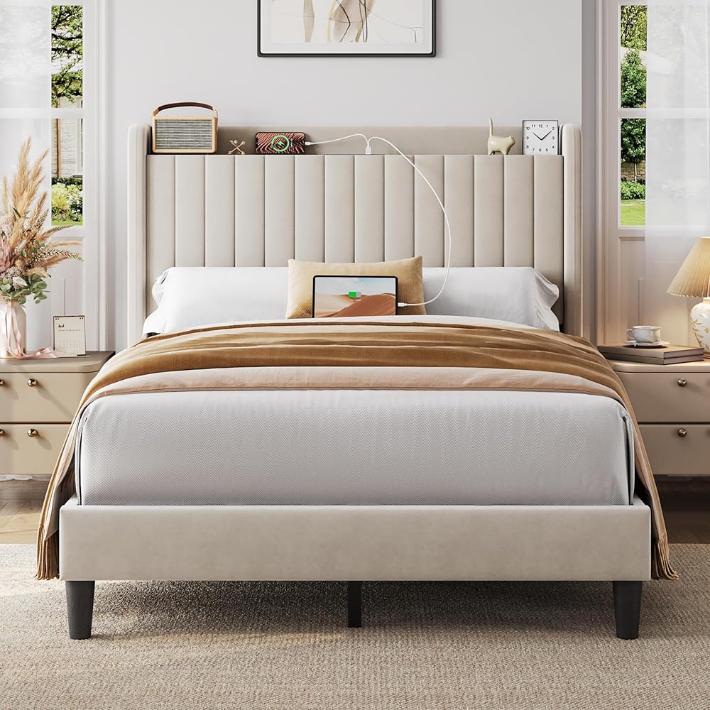 Yaheetech Full Size Bed Frame with Headboard, Upholstered Headboard with Charing Station and Storage Shelf, Platform Bed Frame, No Box Spring Needed, Easy Assembly, Beige : Home & Kitchen