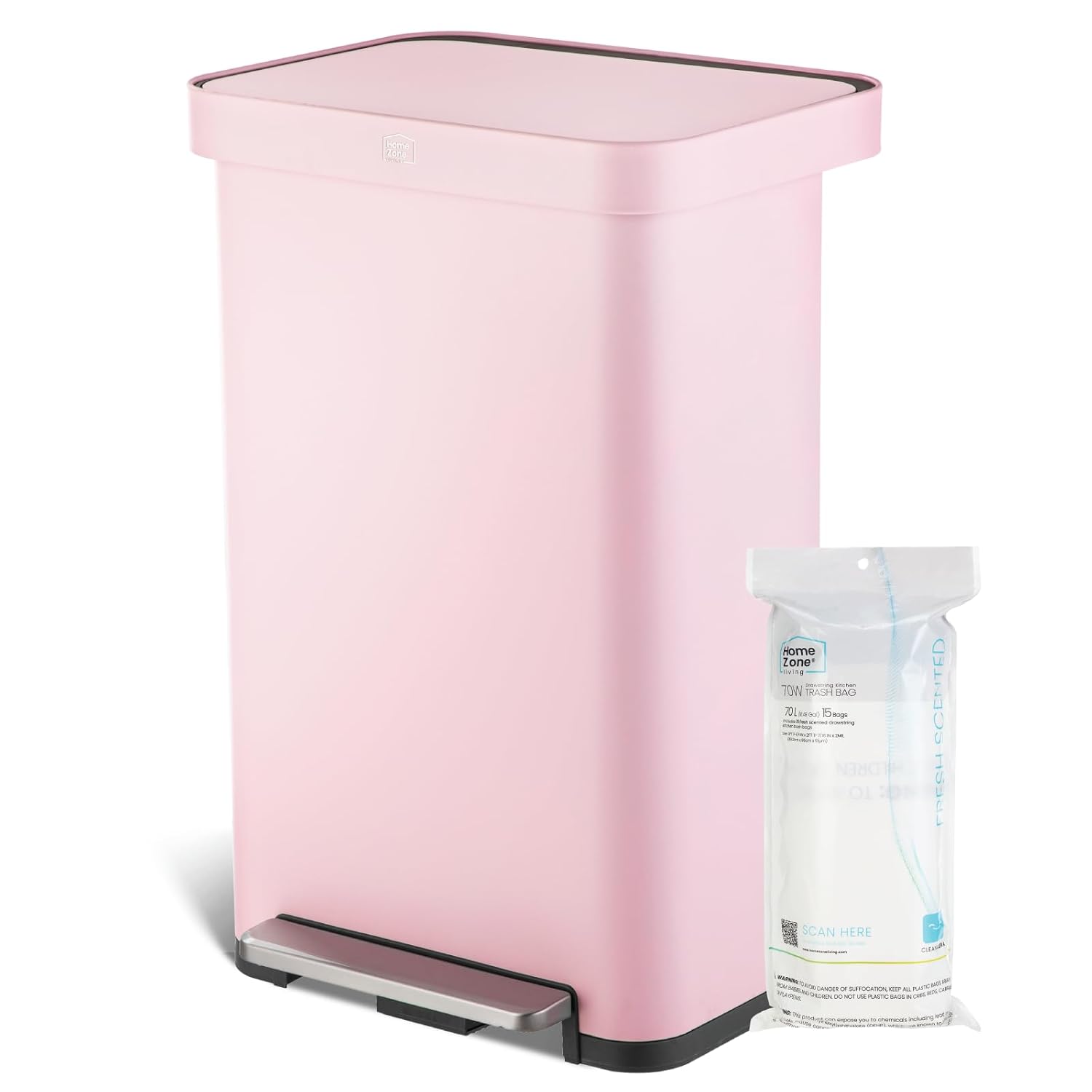 Home Zone Living 18.5 Gallon Large Stainless Steel Trash Can with Slow Closing Lid and Wide Opening, Virtuoso Collection, Pink : Industrial & Scientific