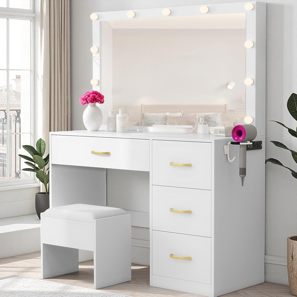 YITAHOME Vanity Set with Large LED Makeup Mirror, Stool, 11 LED Lights with 3 Lighting Modes for Beauty, Dressing Room : Home & Kitchen