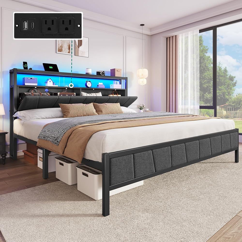 YITAHOME Queen Bed Frame with Storage Headboard, Upholstered LED Platform Bed with Charging Station, Heavy-Duty Metal Slats, No Box Spring Needed, Fast Assembly - Gray : Home & Kitchen