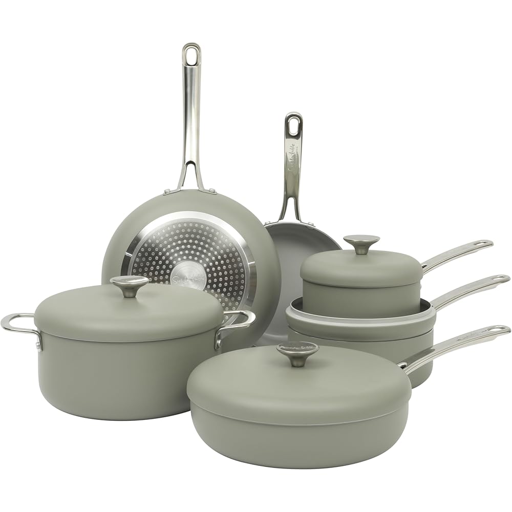 Sur La Table Kitchen Essentials Potluck Porch 10 Piece PFA Free Ceramic Non stick Interior Forged Aluminum Cookware Pots and Pans Set W/Aluminum Lids - Green - Induction Compatible: Home & Kitchen