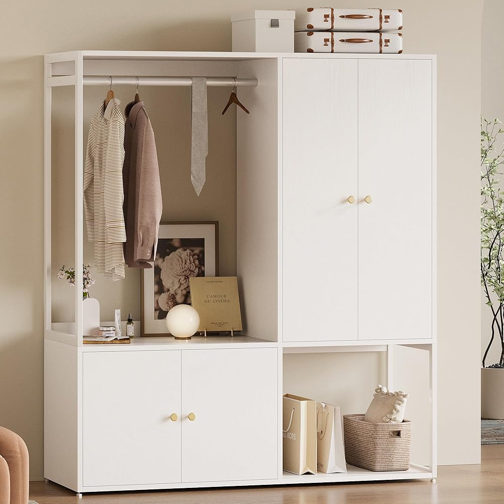 LIKIMIO Wardrobe Closet, White Cabinet with Shelves, Large Armoire Clothing Storage with Hanging Rod for Bedroom, Living/Laundry Room : Home & Kitchen