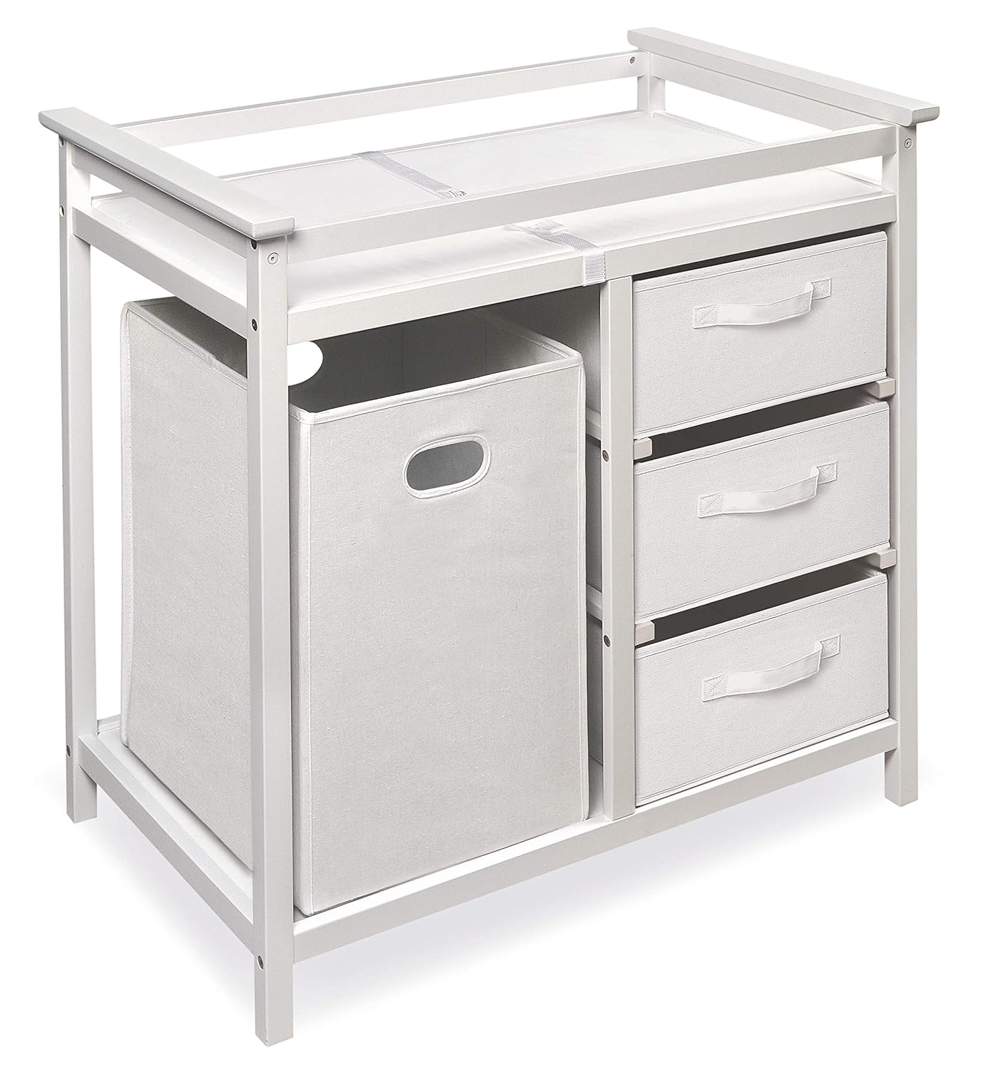 : Badger Basket Modern Baby Changing Table - Nursery Furniture with Laundry Hamper and 3 Storage Drawers - Diaper Changing Station with Safety Belt, Changing Pad, and Organizer Baskets - White/White : Baby