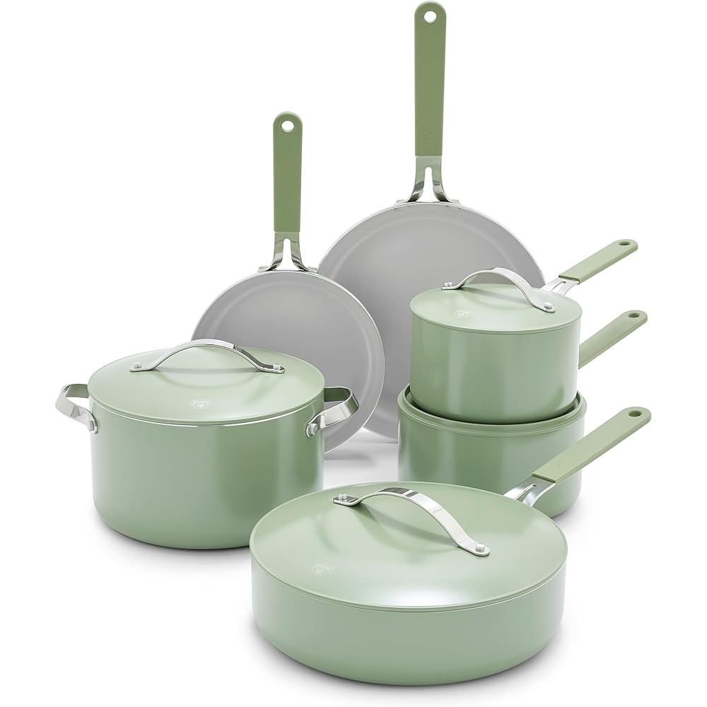 GreenLife 10-Piece Nonstick Ceramic Cookware Set, Lightweight Healthy PFAS-Free Pots & Pans with Lids, Dishwasher & Oven Safe, Durable Body, Silicone Stay-Cool Handles, Easy Release, Sage Green: Home & Kitchen