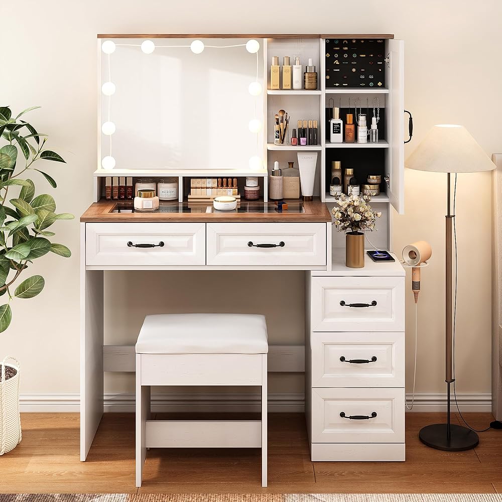 Vabches Makeup Vanity Desk with Lights and Mirror, Brown Vanity Table Set with Charging Station, Glass Top Vanity with RGB Lights, Large Mirror with 3 Lighting Modes, 5 Drawers & Cabinet, 40.7in(L) : Home & Kitchen