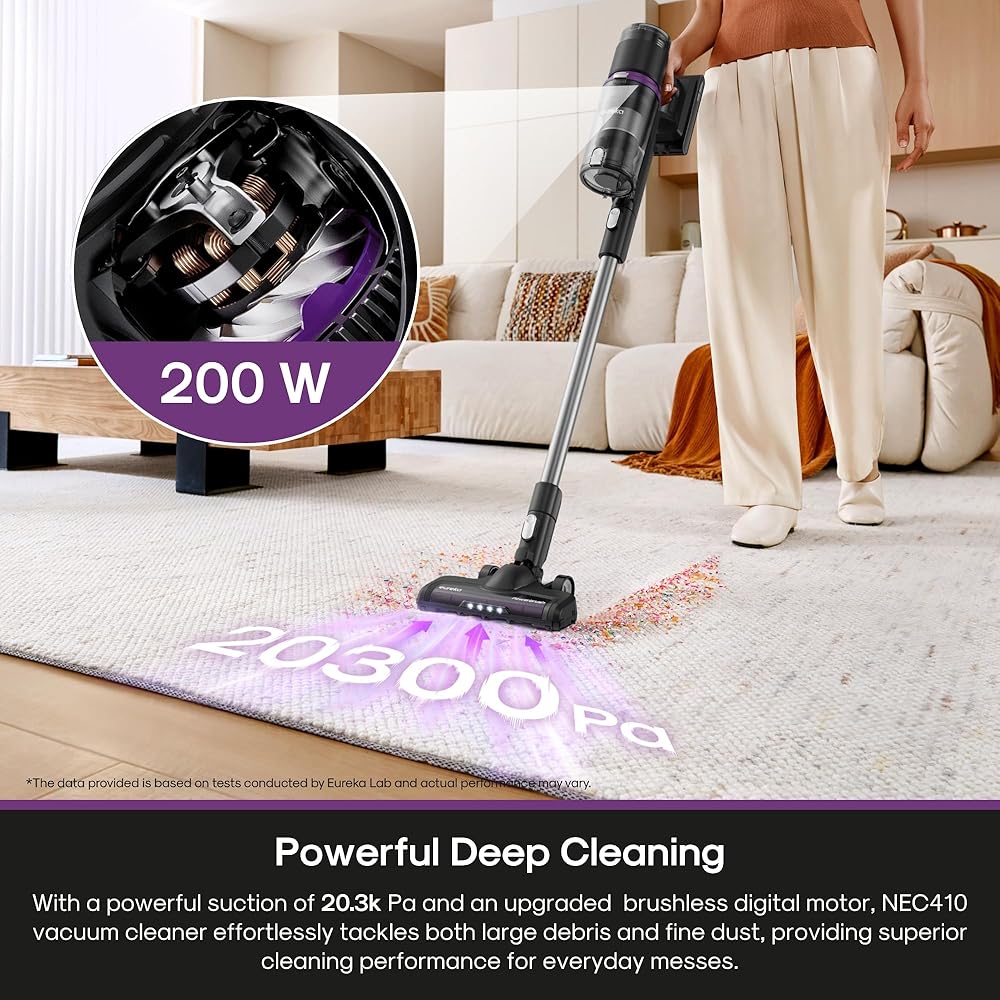 - Eureka Cordless Vacuum Cleaner Lightweight, Stick Vacuum Rechargeable for Hardwood, Pet Hair, Black, ReactiClean 410